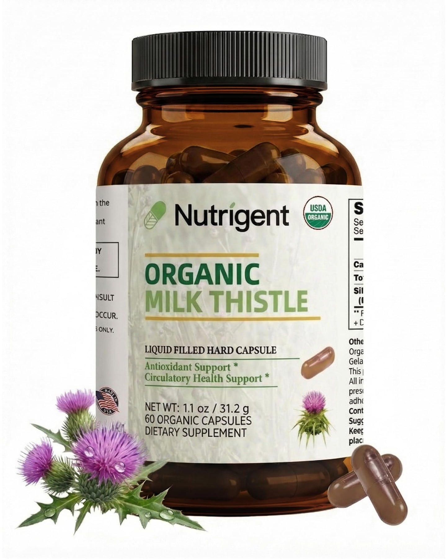 Nutrigent USDA Organic Milk Thistle Liver Support 60 Capsules