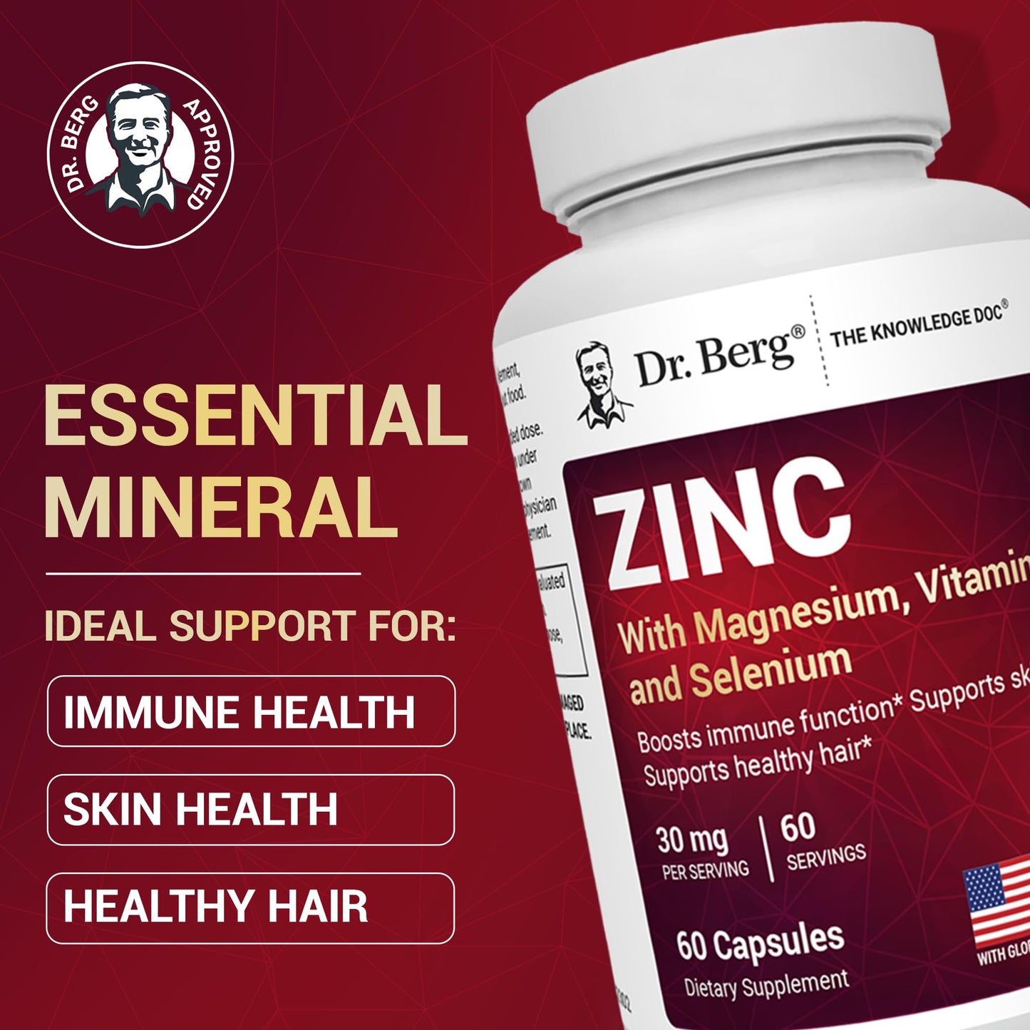Dr. Berg Nutritionals Zinc 30mg Enhanced with Magnesium, Vitamin D3, Selenium, & Copper - Chelated Zinc for Immune, Skin, Hair, & Nails Support, Capsules, 60 Count