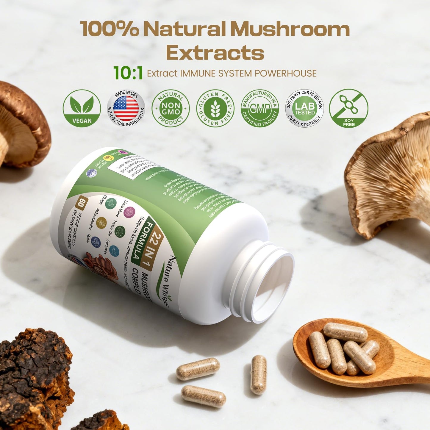 Nature Whisper 22 in 1 Lions Mane Mushroom Supplement with Ashwagandha & Black Pepper, 60 Capsules