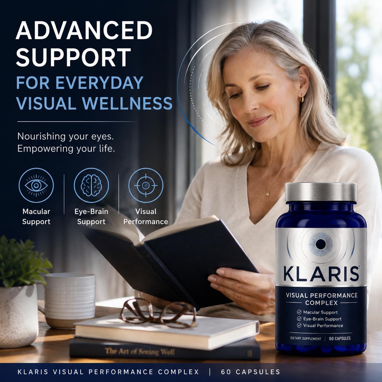 UXZQEN Klaris Visual Performance Complex Capsules, Eye Vitamin with Lutein & Zeaxanthin, Eye-Brain Support, 60 Capsules
