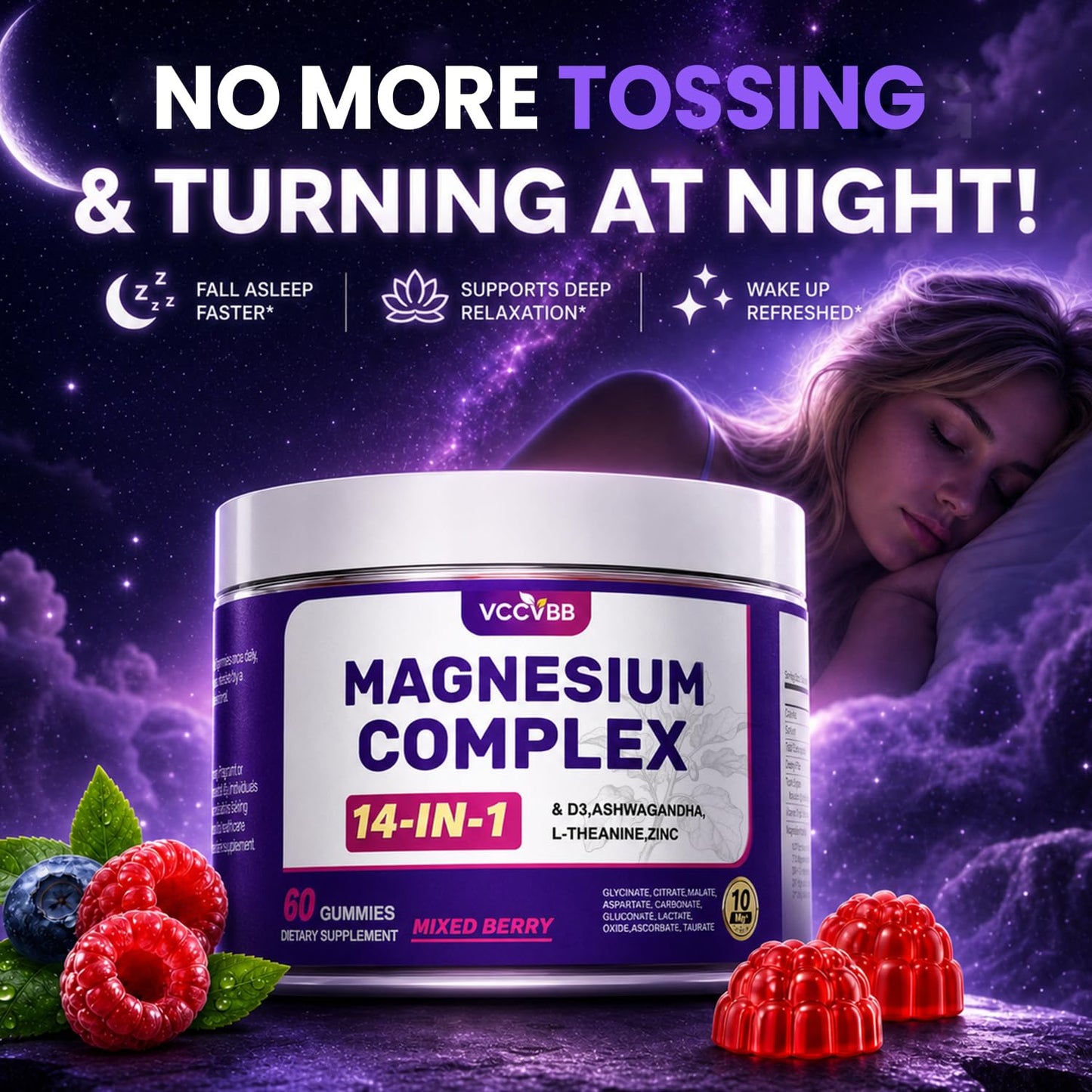 VCCVBB Magnesium Glycinate Gummies 500mg, Sugar Free 14-in-1 Magnesium Complex with Glycinate, Citrate & Malate, Ashwagandha, Zinc, Vitamin D3 & L-Theanine for Sleep, Muscle & Immune Support, 60 Count