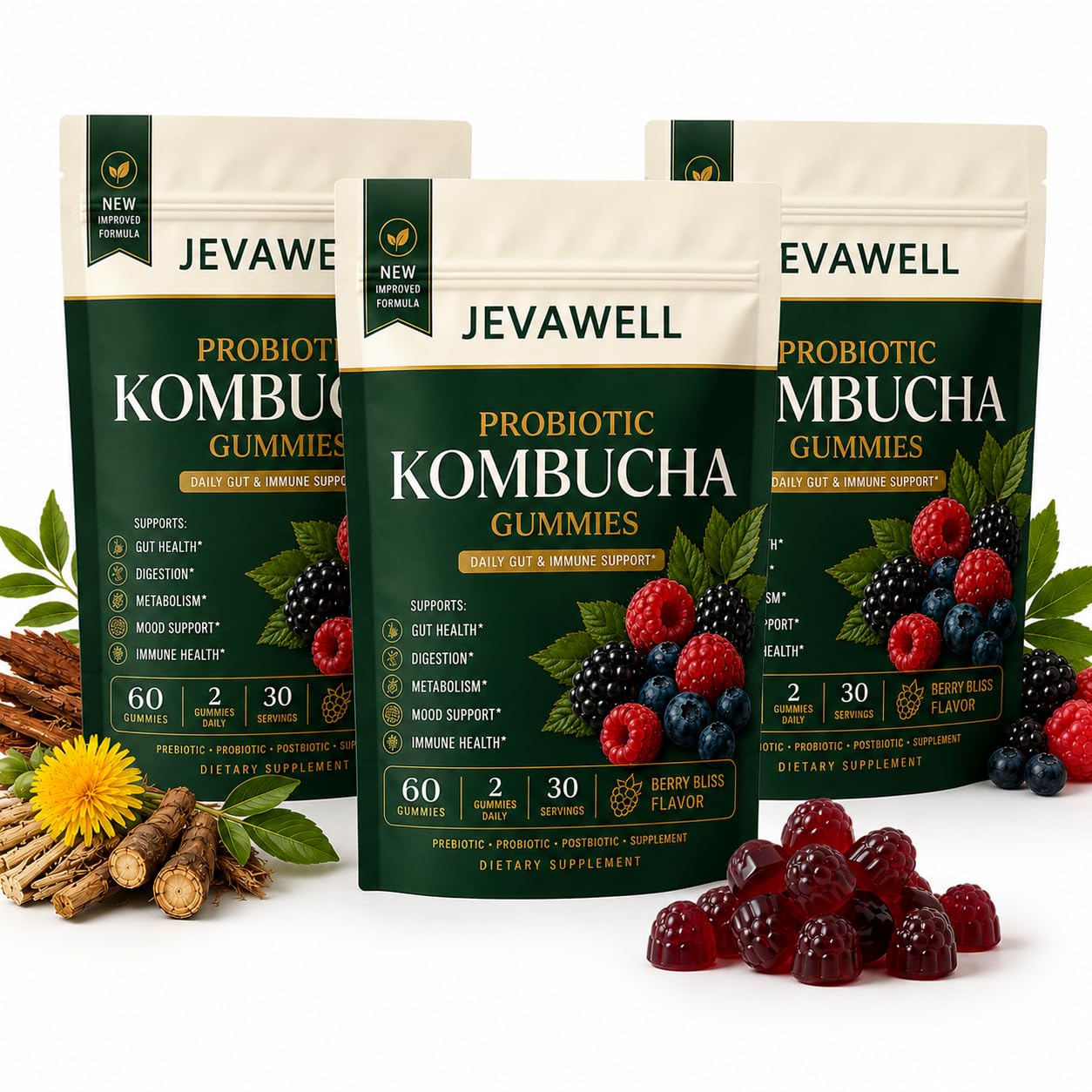 jevawell Probiotic Kombucha Gummies Softgel, 60 Count