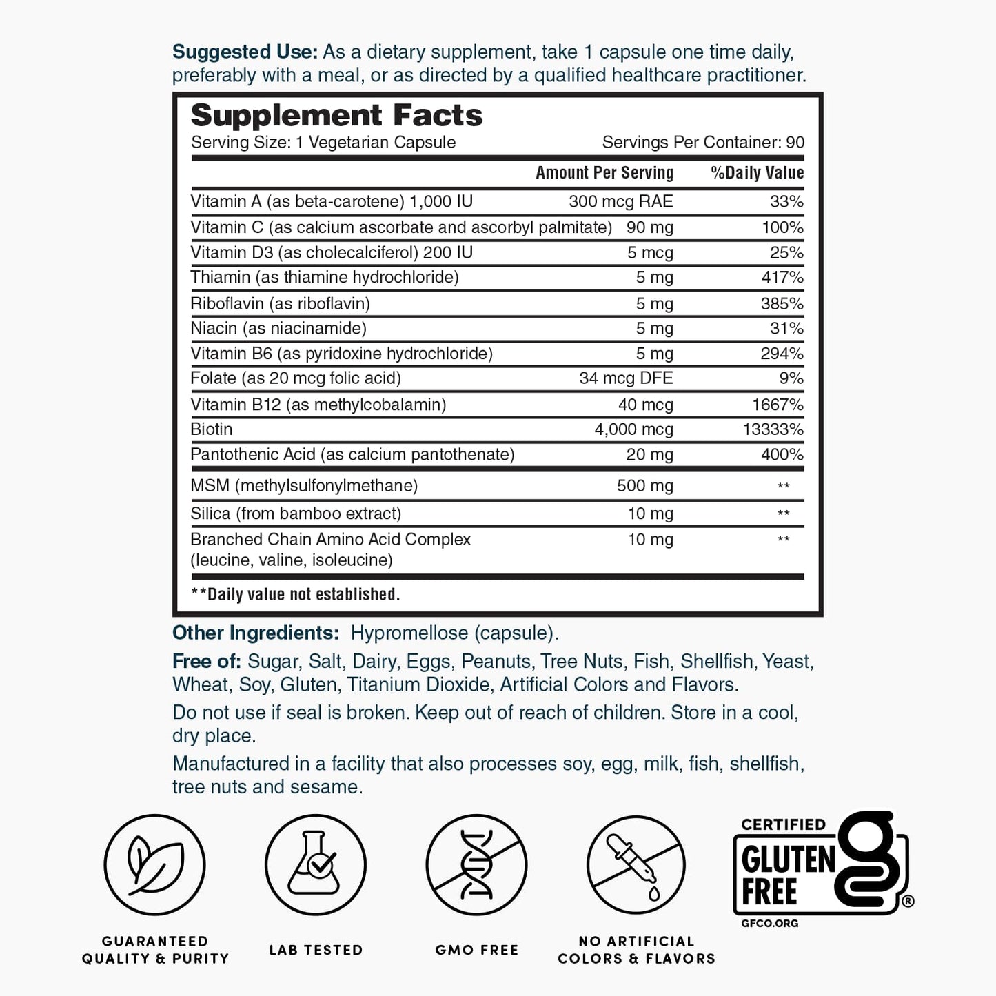 Nature's Lab Hair Skin and Nails Biotin BCAA MSM Vitamin Complex Capsule 90 Count
