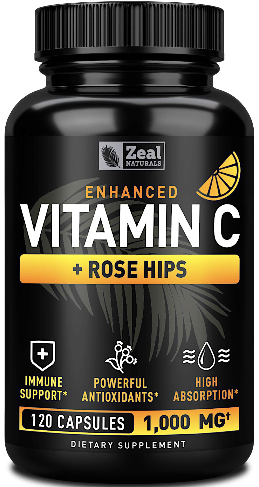 Zeal Naturals Vitamin C with Rose Hips 1000mg - Pure Ascorbic Acid Supplement - High Dose Vitamin C Capsules, 120 Count
