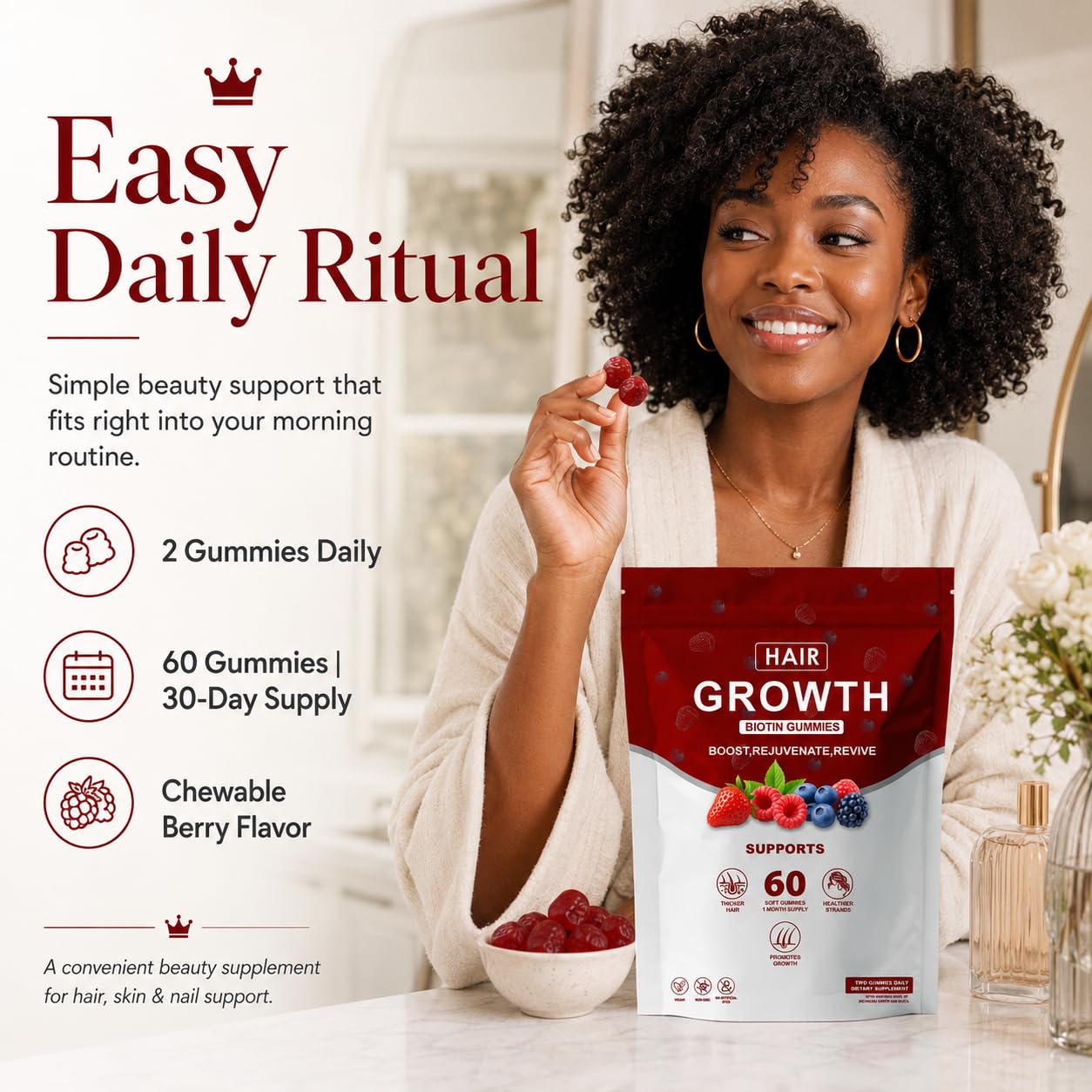SUUDUUL Hair Growth Gummies for Black Women with Biotin-Silica Complex (5000mcg Biotin) & Vitamin D (30mcg), Supports Hair, Skin & Nails Health, Non-GMO, 60 Gummies