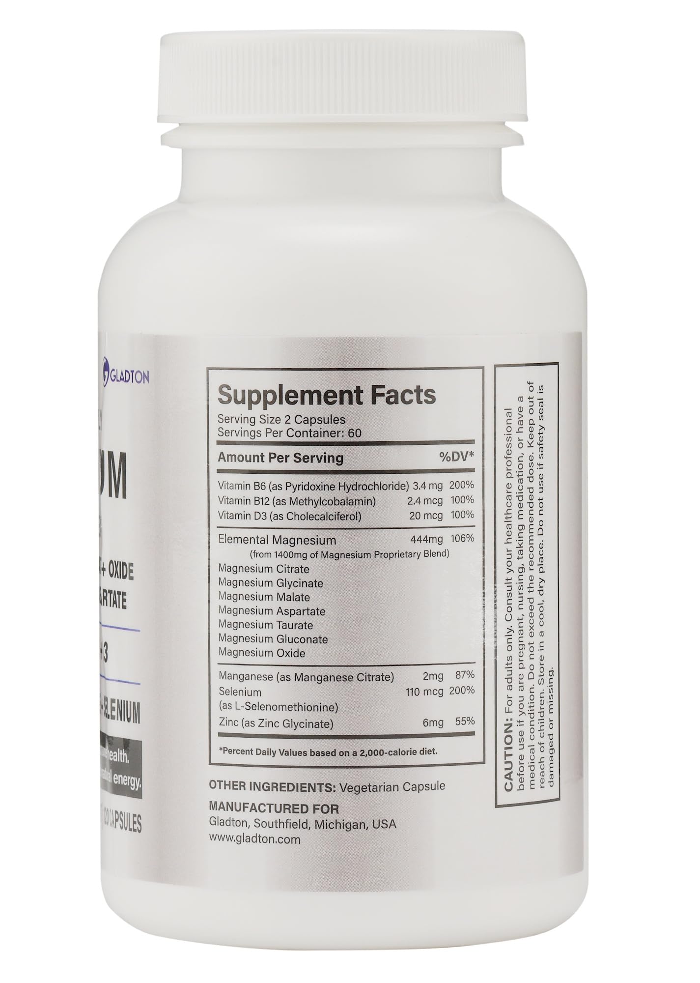 GLADTON Magnesium Glycinate Complex Supplement 444mg Capsule 120 Count