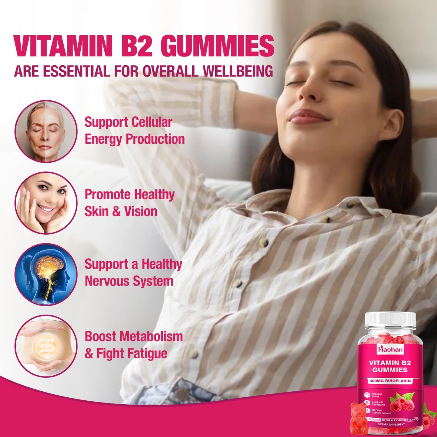 Haohan Vitamin B2 400mg with Magnesium Gummies, 60 Count