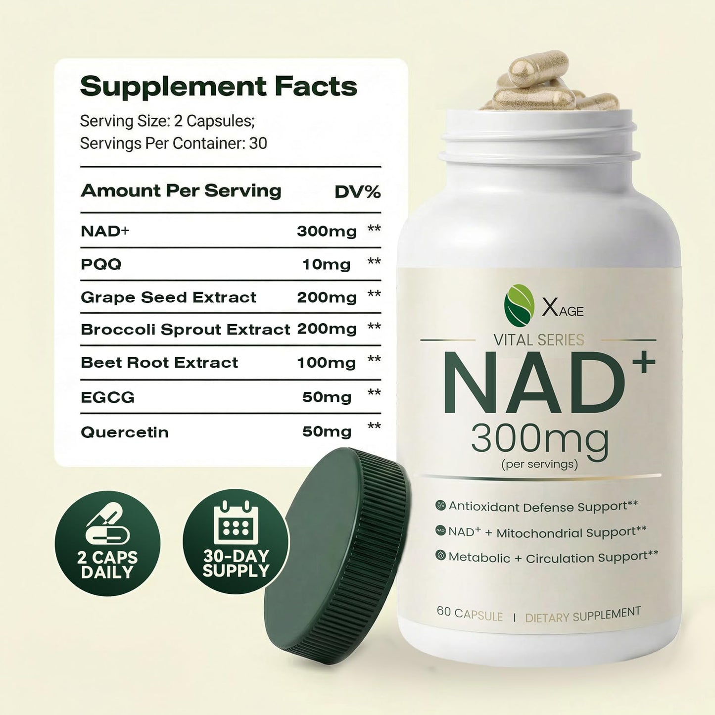XAGE NAD+ Supplement with PQQ, Quercetin & EGCG for Cellular Energy Capsule, 60 Count