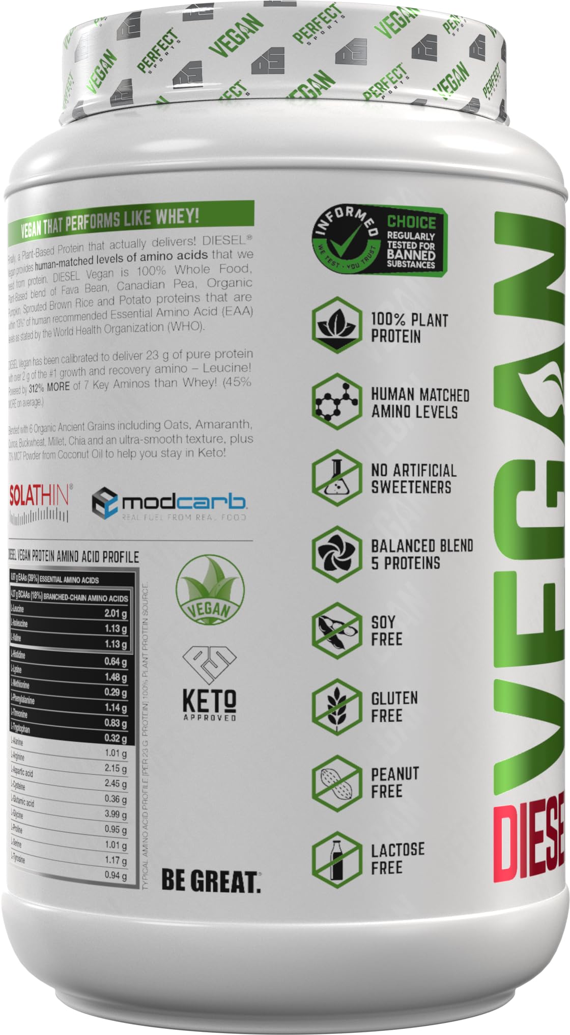 PERFECT SPORTS Vegan Diesel 100% Plant Based Protein Powder, 24 Servings