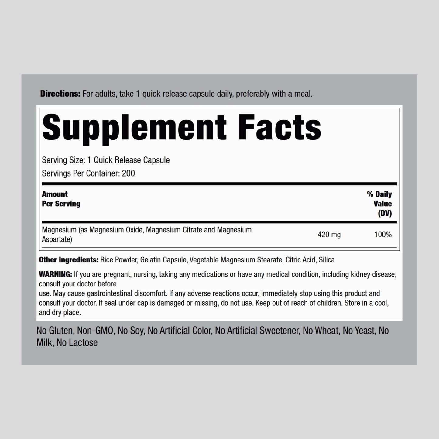 Piping Rock Triple Magnesium Complex 420 mg, 200 Capsules