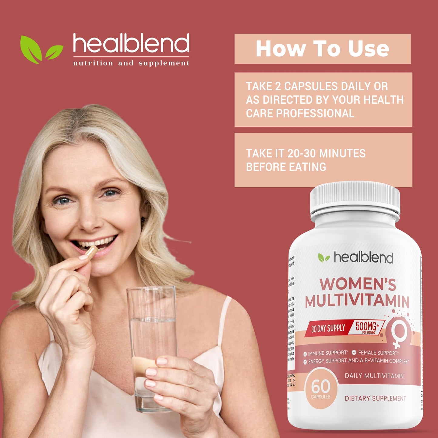Healblend Women's Multivitamin with Biotin (Without Iron), 60 Capsules