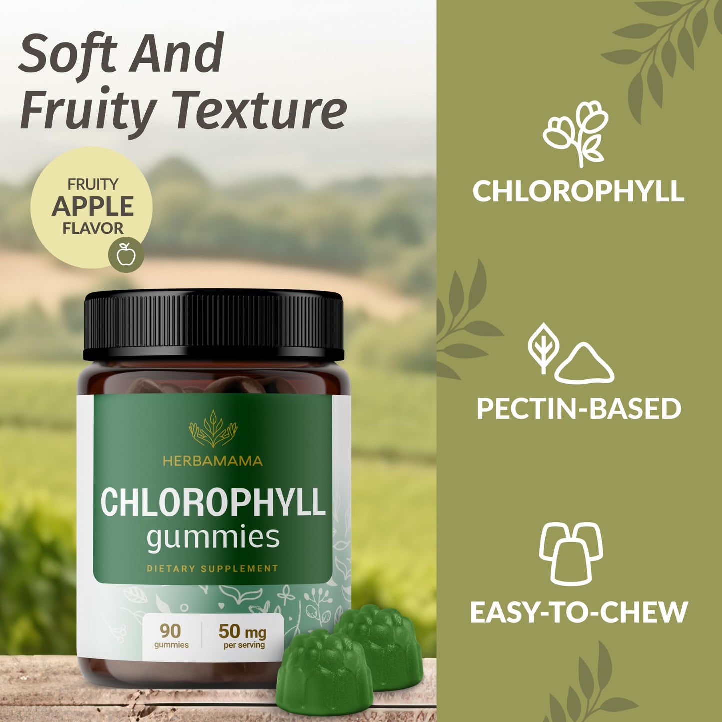 HERBAMAMA Chlorophyll Gummies – Internal Deodorant for Body Odor Support – 50 mg Sodium Copper Chlorophyllin per Serving – Vegan Chlorophyll for Immune & Digestive Support, 90 Count