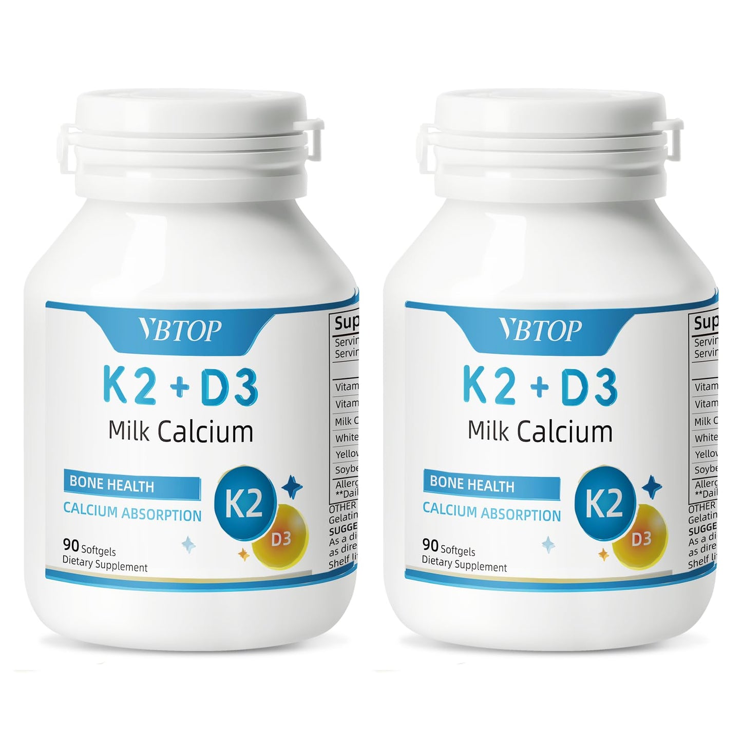 VBTOP Calcium Supplement 800mg with Vitamin D3 1000 IU & K2 45mcg Softgels, 180 Count