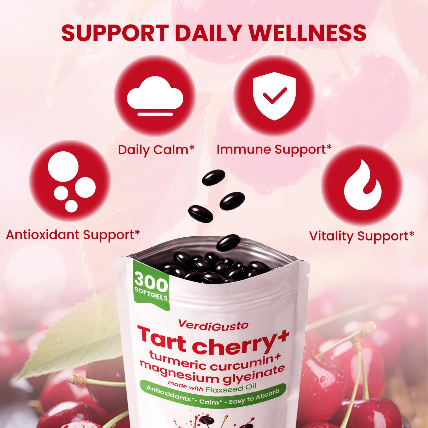 VerdiGusto Tart Cherry Softgel 500mg Cherry Extract Supplement, 300 Count
