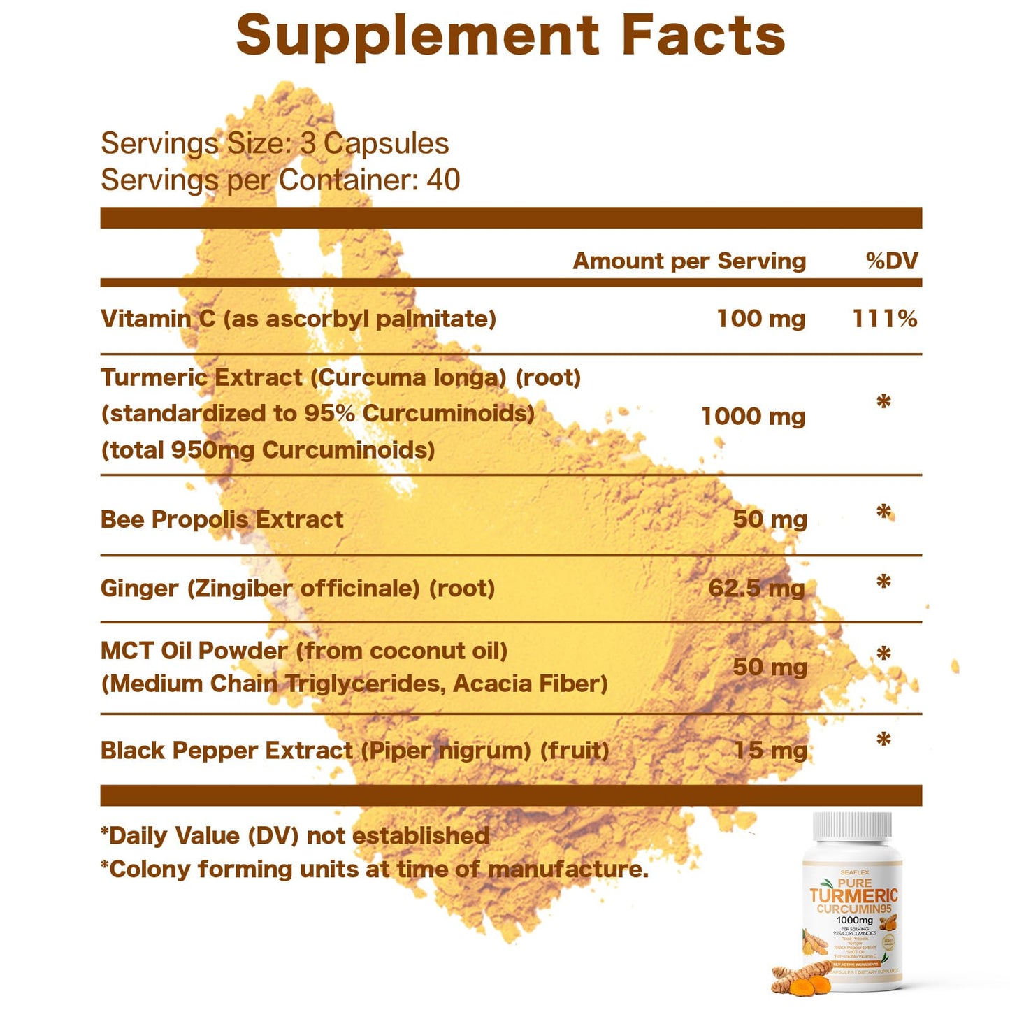SEAFLEX Turmeric Curcumin 95% Turmeric Complex 1000mg with Bee Propolis Capsules 120 Count