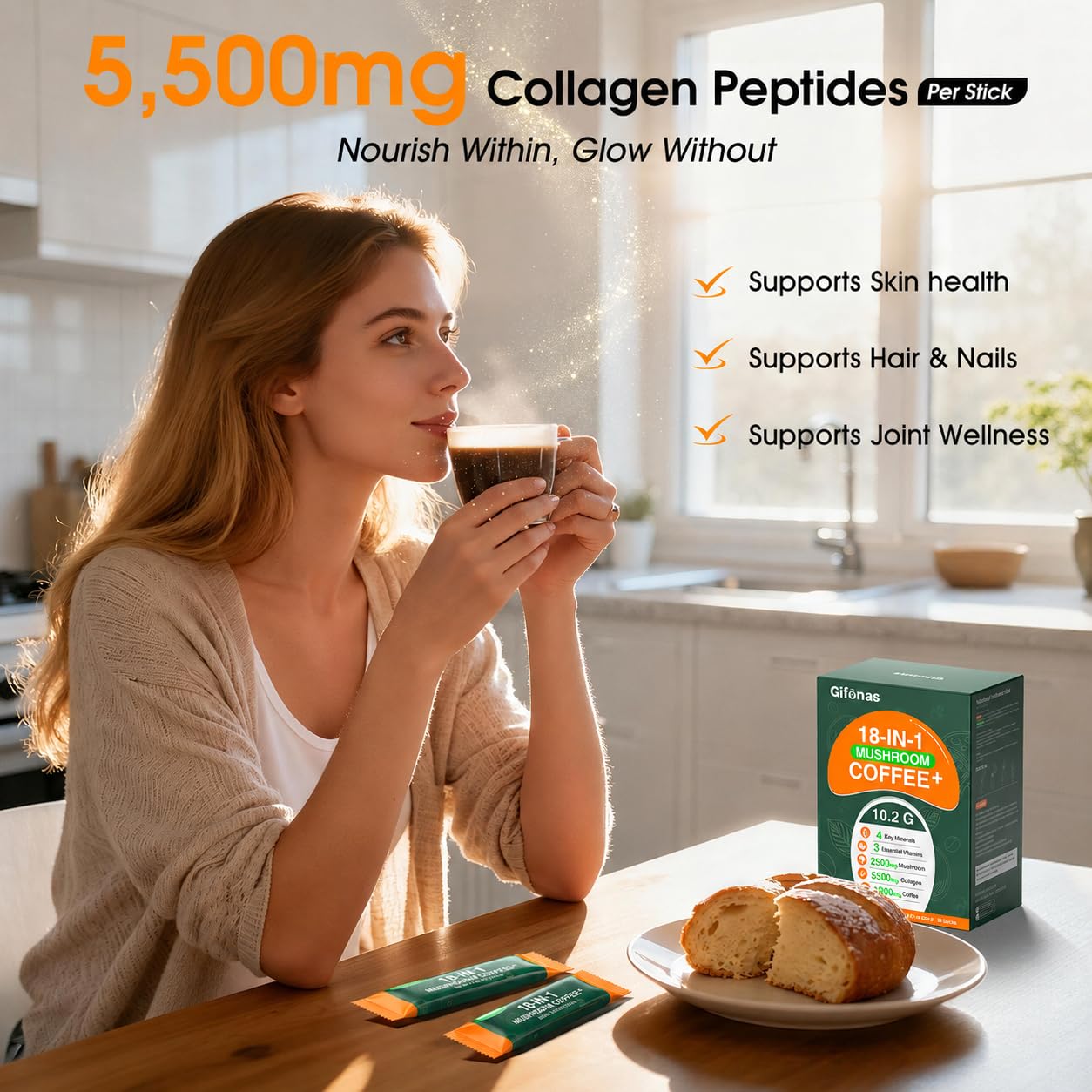 gifonas Mushroom Coffee with 5500mg Collagen Peptides, 6 Adaptogenic Mushrooms, L-Theanine, MCT Oil, Vitamins & Minerals Powder 10.79 Ounce