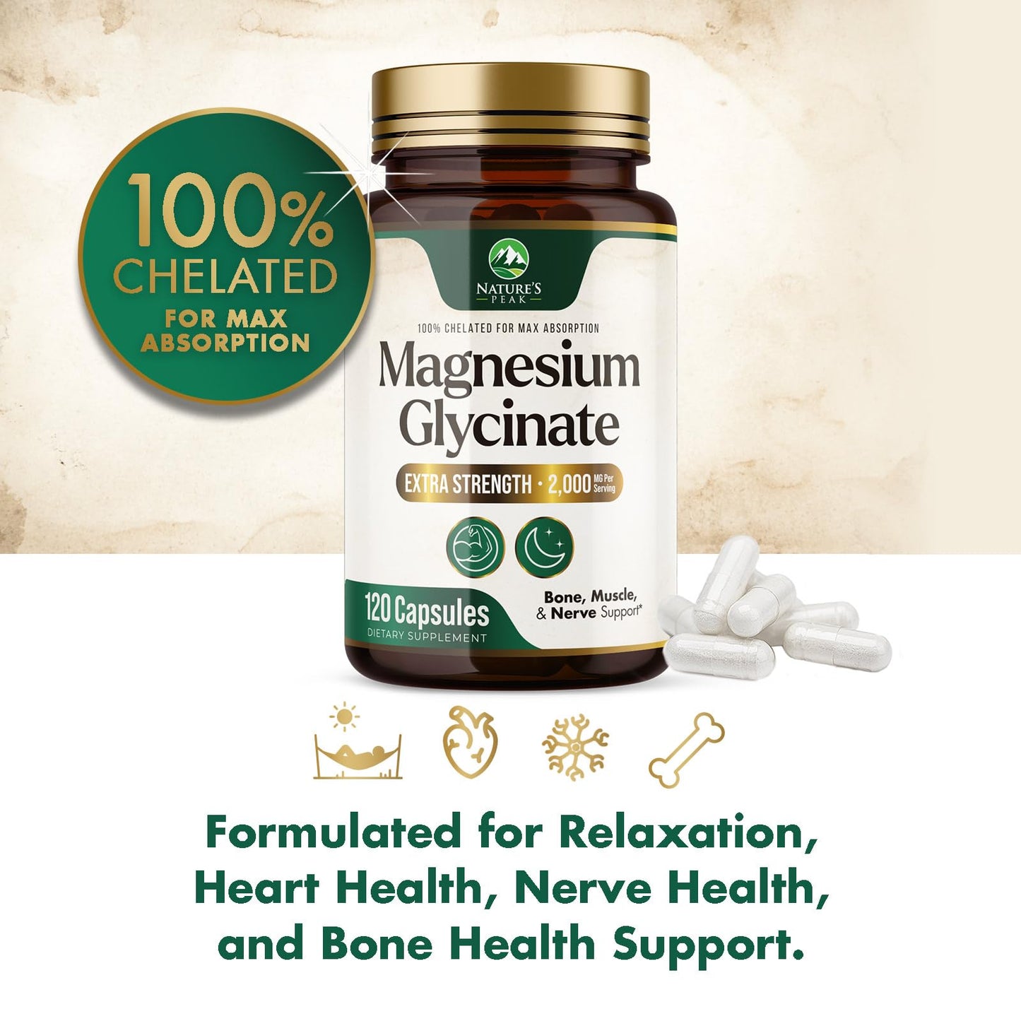 Nature's Peak Magnesium Glycinate 2000mg Per Serving Chelated Magnesium Supplement for High Absorption, Muscle, Bone & Heart Health Support, Easy on Stomach, Non-GMO, Vegan, 120 Tablets
