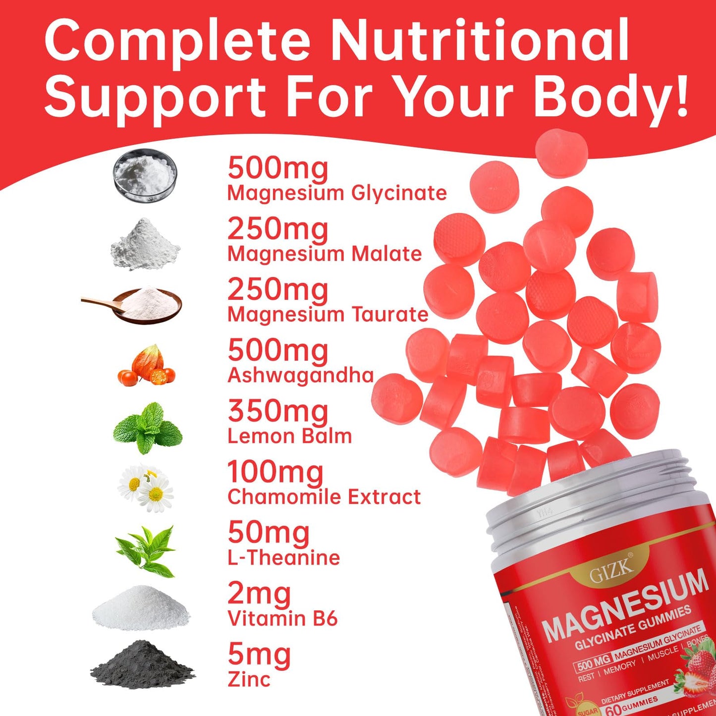 SAYIDON Magnesium Glycinate Gummies 500mg, Sugar Free Strawberry Flavor, 60 Count
