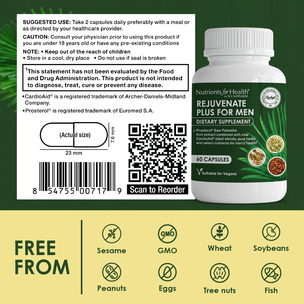 Nutrients for Health Saw Palmetto Prostate Supplement for Men – Clinically Dosed Beta-Sitosterol, Pygeum, Pumpkin Seed, Zinc, 120 Capsules
