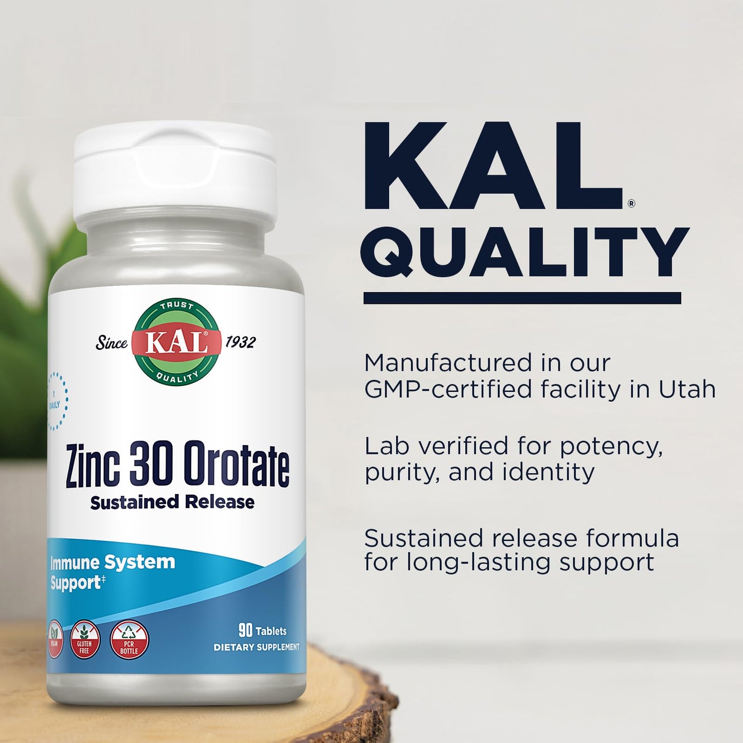 KAL Zinc Orotate 30mg, Sustained Release, Chelated Zinc Tablets, 90 Tablets
