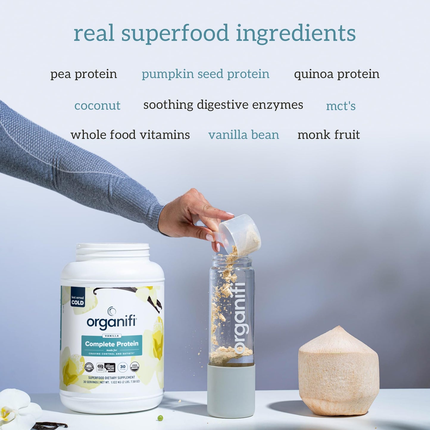 Organifi Complete Protein Vanilla Flavor Organic Vegan Plant Based Protein Powder with Digestive Enzymes, 30 Day Supply