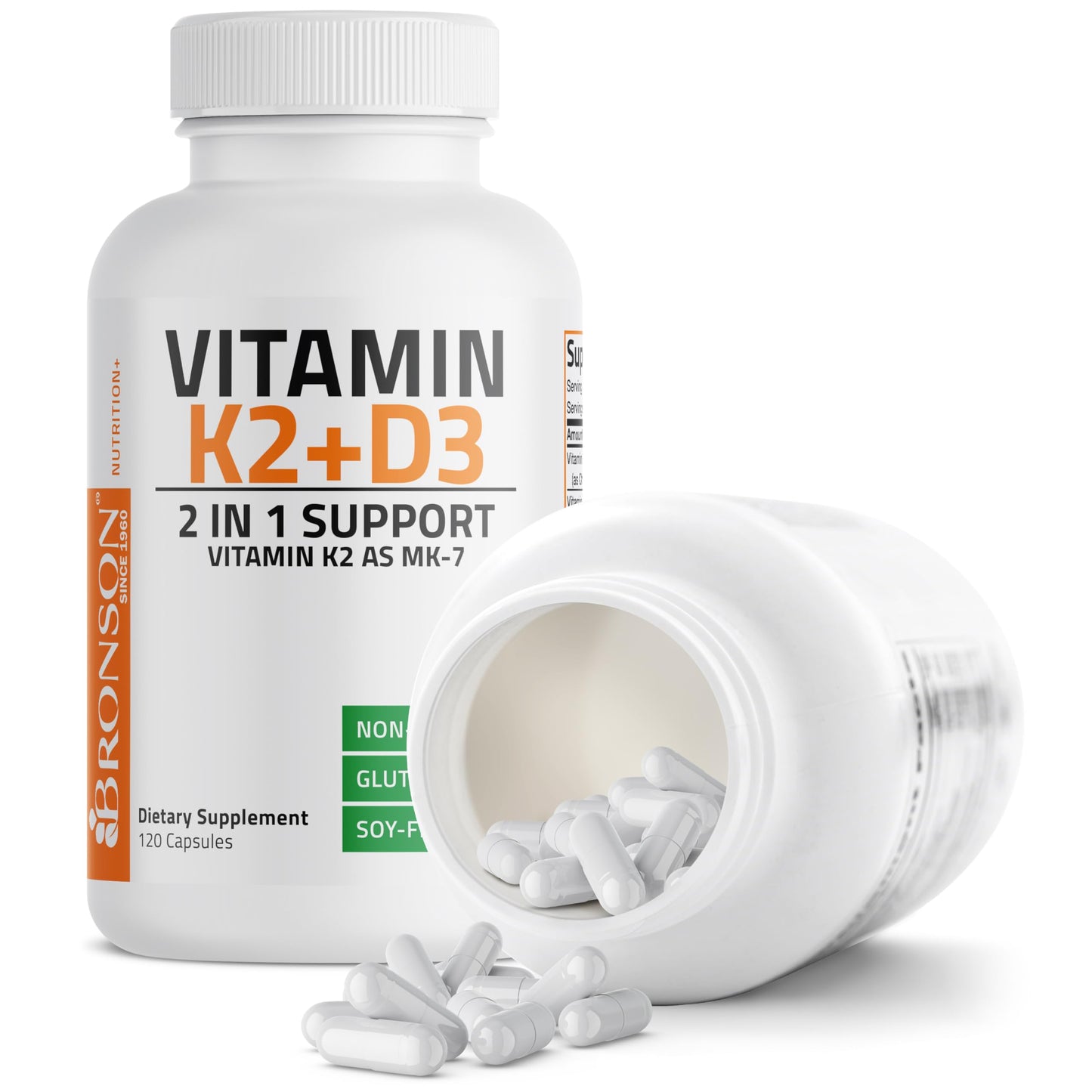 Bronson Vitamin K2 D3 (MK7) Supplement 2-in-1 D3 & K2 Complex Capsule, 120 Count