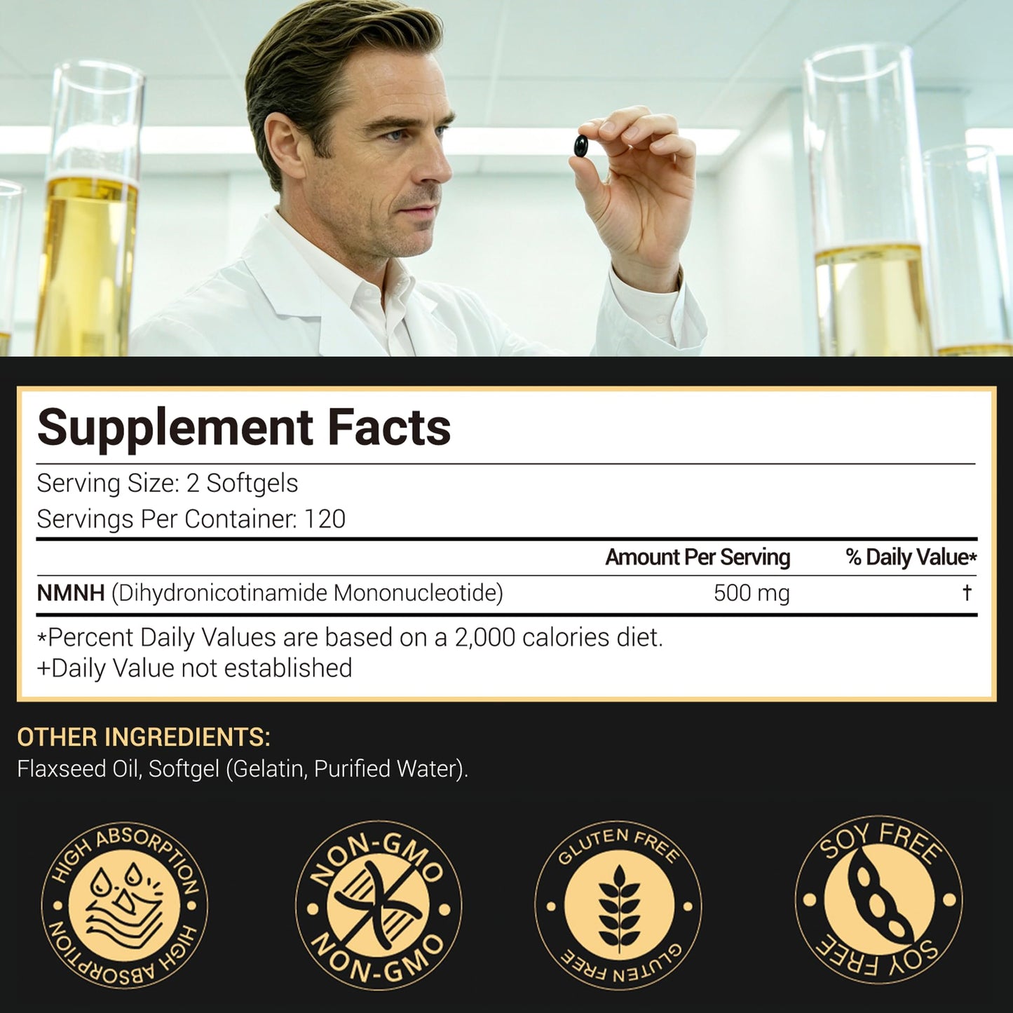 Shumol NAD Supplement Liposomal NMNH Softgel 500mg with Flaxseed Oil 200mg, 240 Softgels