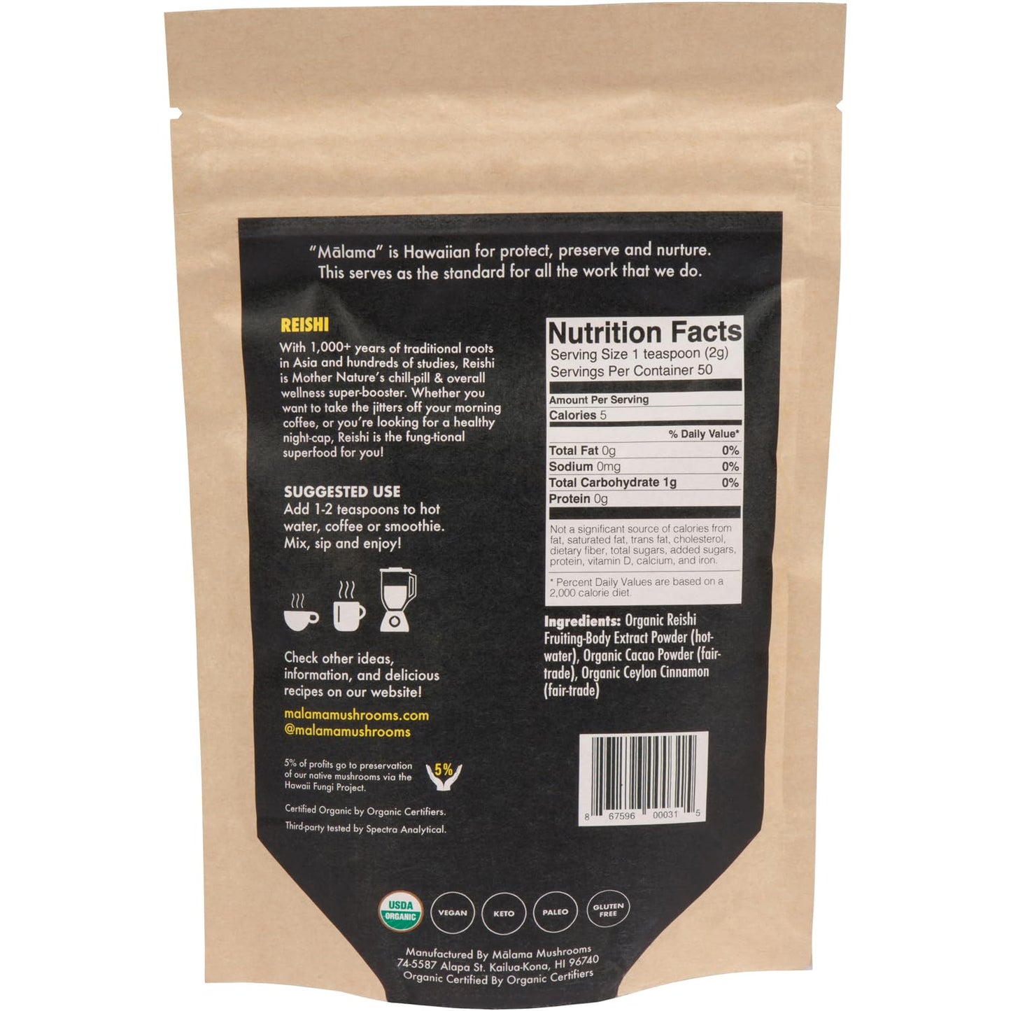 MALAMA MUSHROOMS Organic Mushroom Hot Cacao Mix Reishi Mushroom Powder 3.5 oz