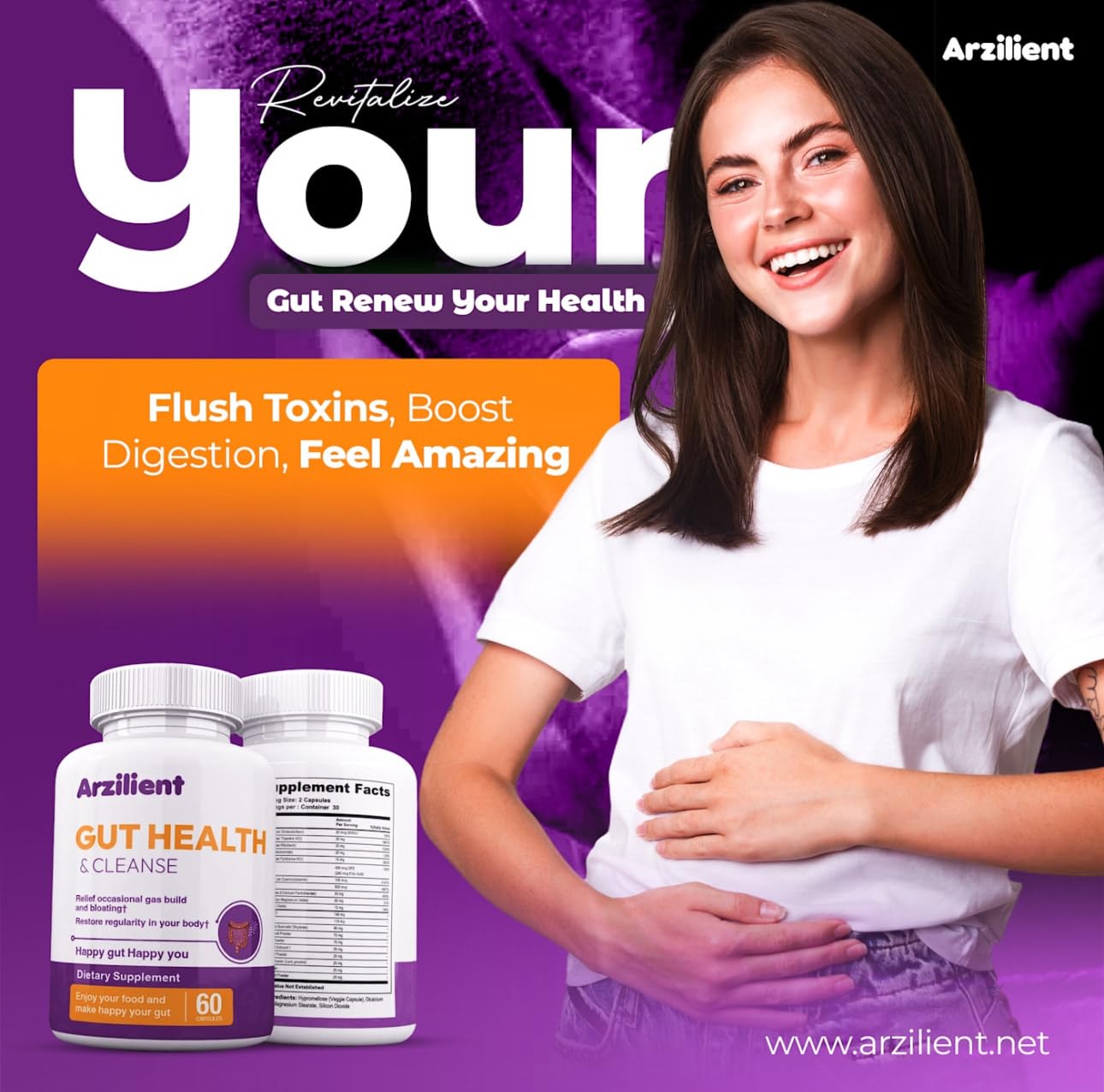 Arzilient Gut Health & Cleanse Prebiotics Probiotics Digestive Enzymes & Herbal Blend Capsule 60 Count