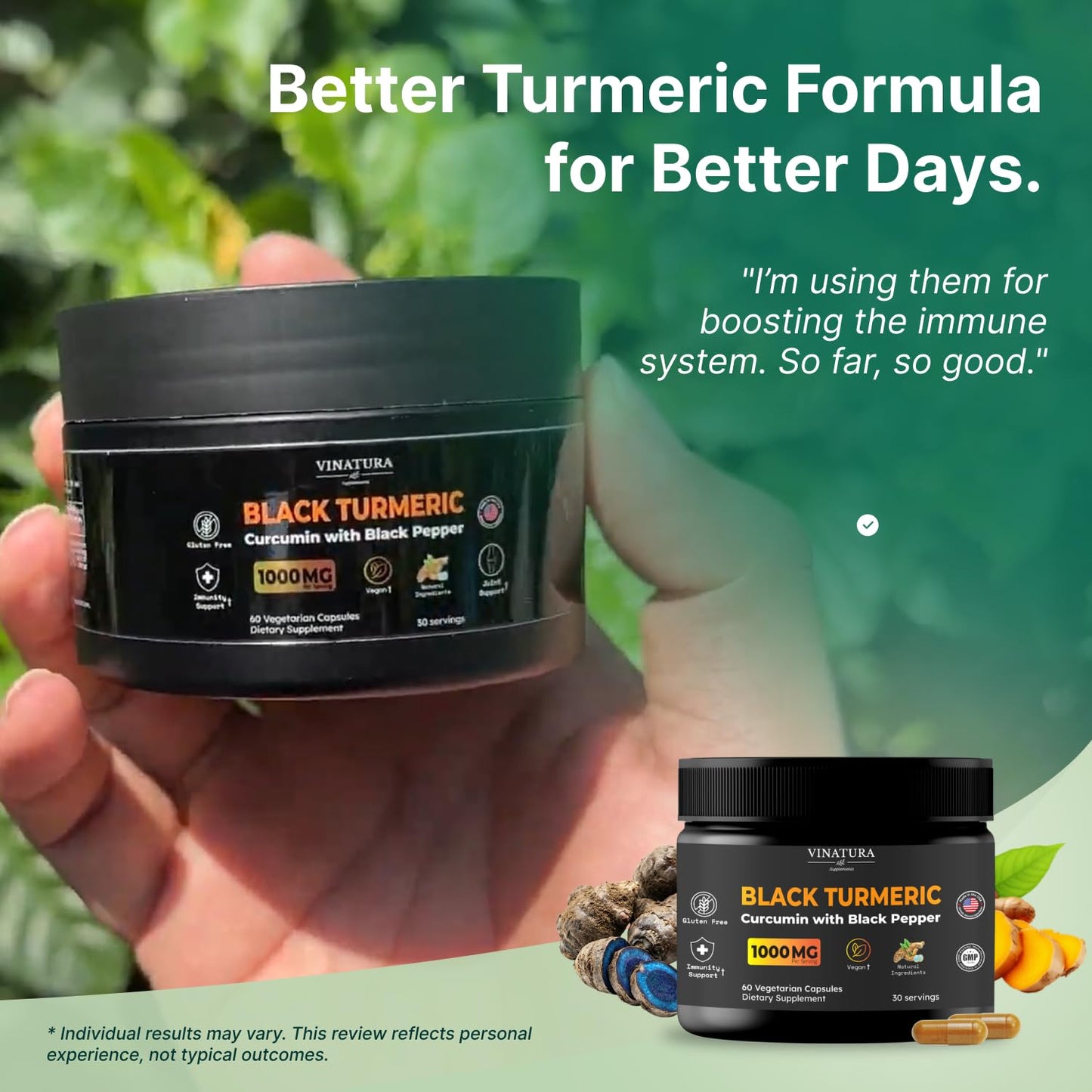 VINATURA Black Turmeric, Curcumin with Black Pepper 1000mg - Turmeric Curcumin with Turmeric Black - Curcuma Caesia, Curcuma Longa, Black Pepper 95% Piperine, 60 Capsules