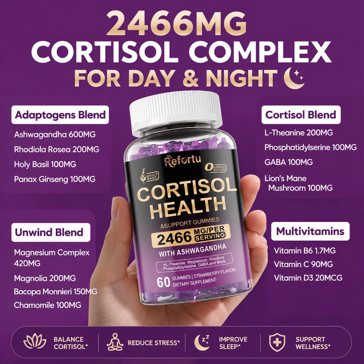 Refortu Cortisol Supplements for Women & Men, 16 in 1 High Cortisol Reducer, 60 Gummies