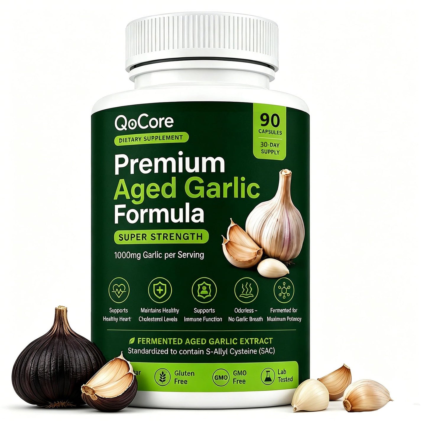 Glo7 SkinCare Qocore Aged Black Garlic Capsules, Odorless Garlic Supplement with Aged Garlic Extract, Antioxidant Daily Wellness, 90 Capsules