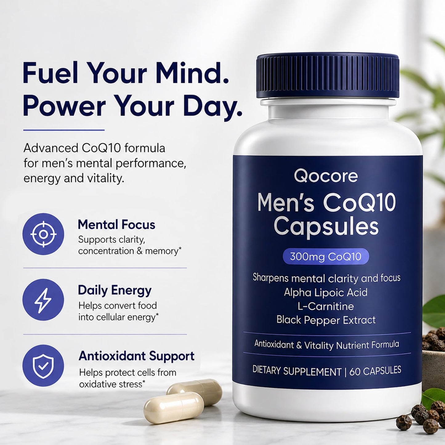 QOCORE Men’s CoQ10 300mg Capsules, Daily Energy and Antioxidant Formula, 60 Count