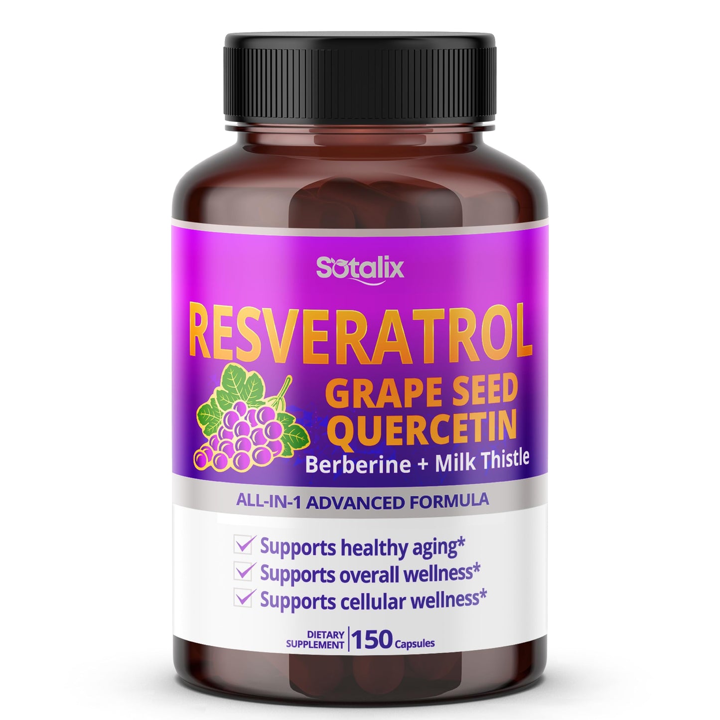 SOTALIX SUPPLEMENT Resveratrol with Grape Seed + Quercetin Berberine + Milk Thistle, 150 Capsules