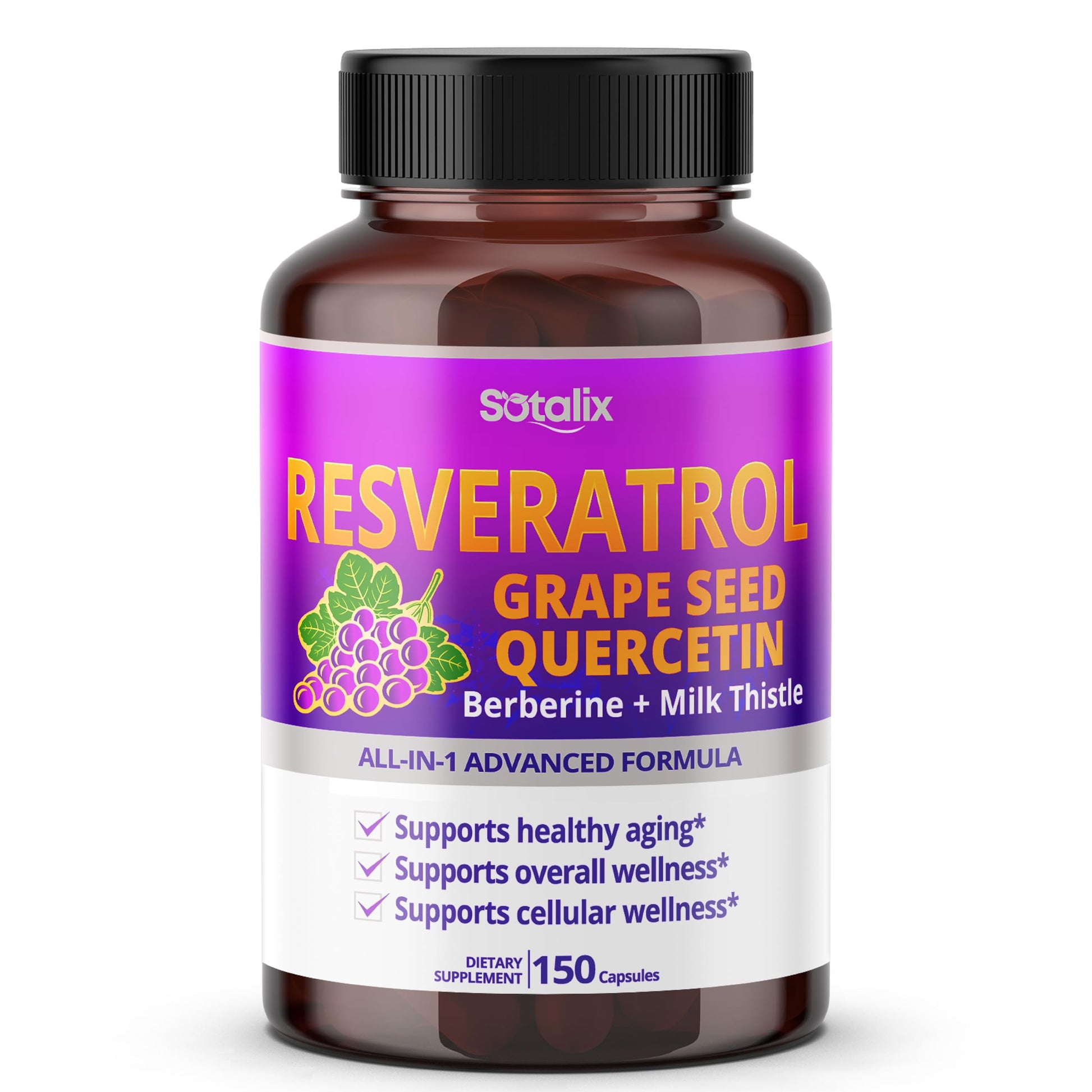 SOTALIX SUPPLEMENT Resveratrol with Grape Seed + Quercetin Berberine + Milk Thistle, 150 Capsules