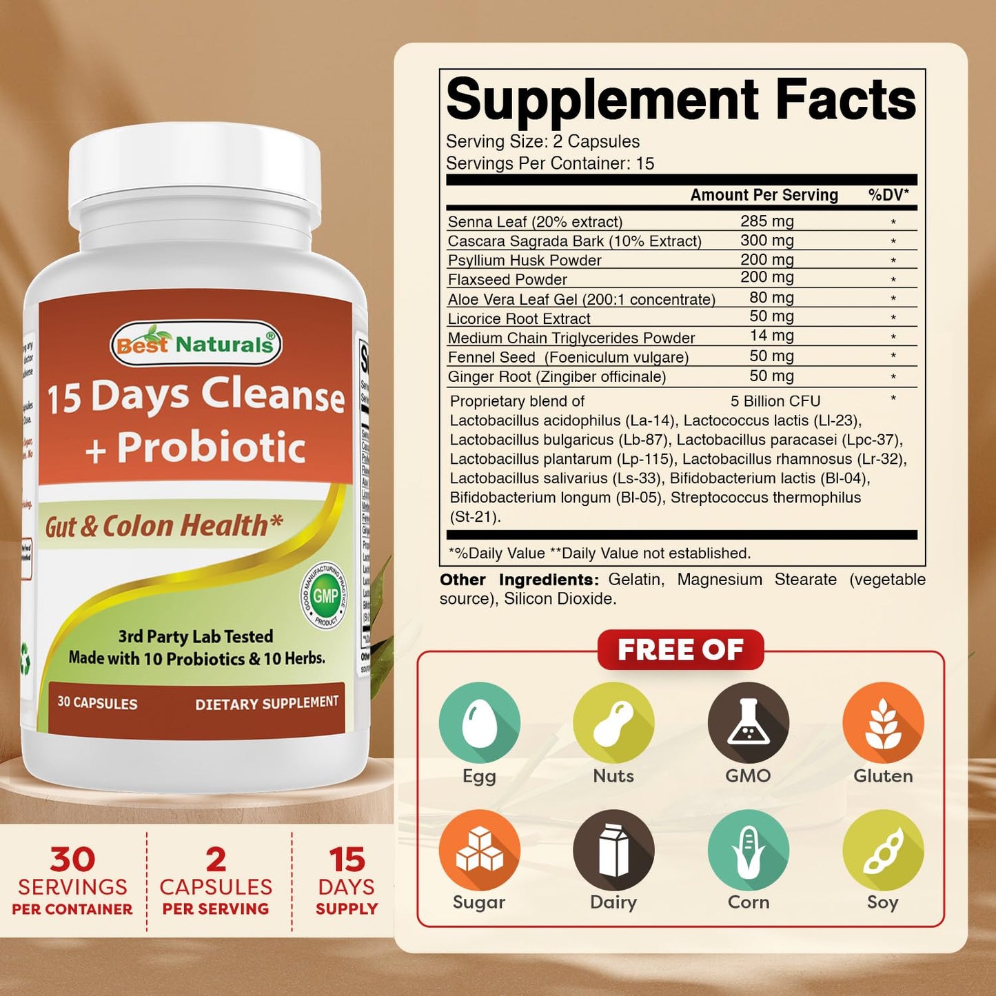 Best Naturals 15 Day Gut & Colon Cleanse + Probiotics for Women & Men with Senna, Cascara Sagrada & Psyllium Husk Capsules 30