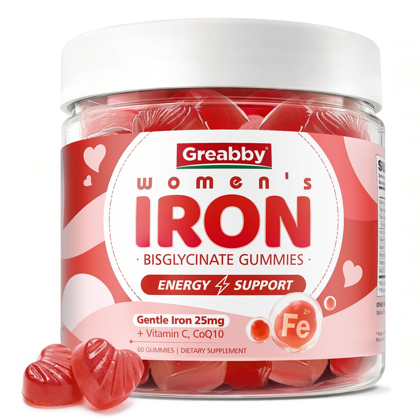 GREABBY Iron Bisglycinate with Vitamin C for Women, Ferrous Bisglycinate Gummies, 60 Count