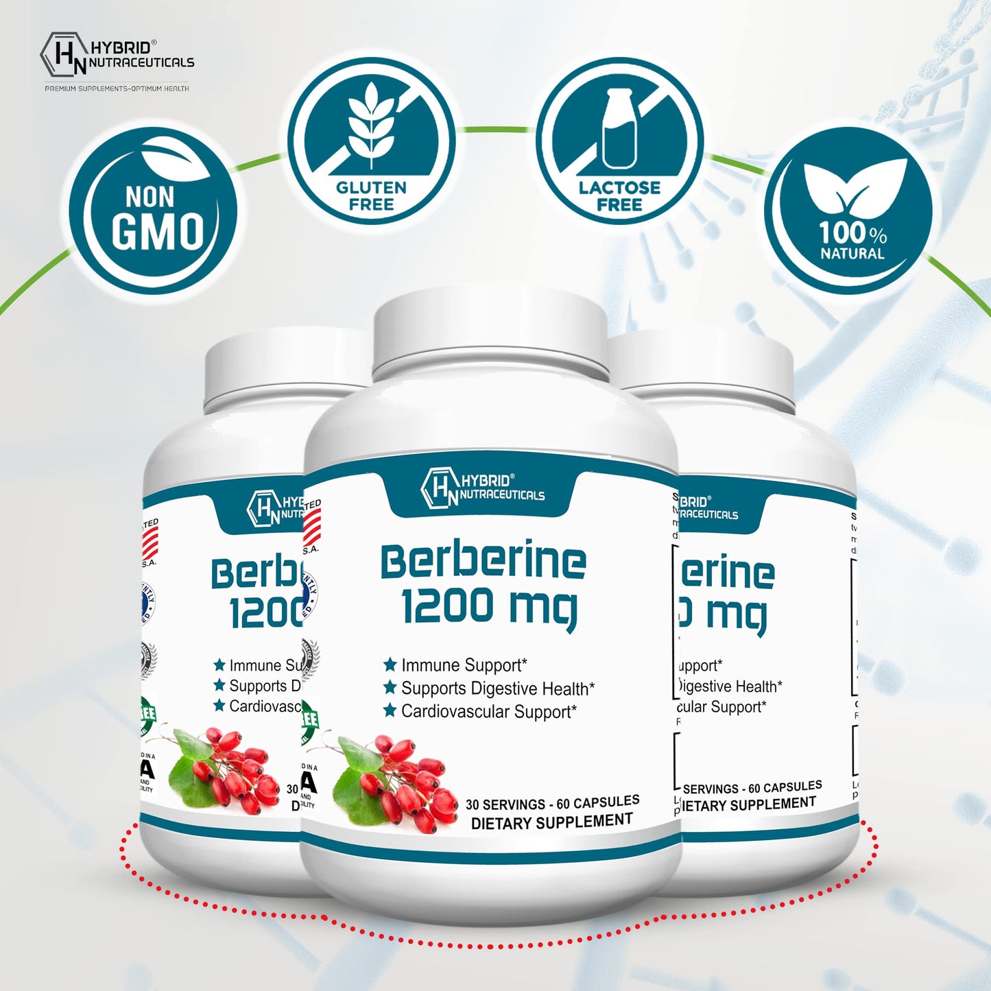 Hybrid Nutraceuticals Berberine 1200mg - Concentrated Berberine HCl Formula - Immune Support, Digestive Support - Gluten-Free Capsules, 60