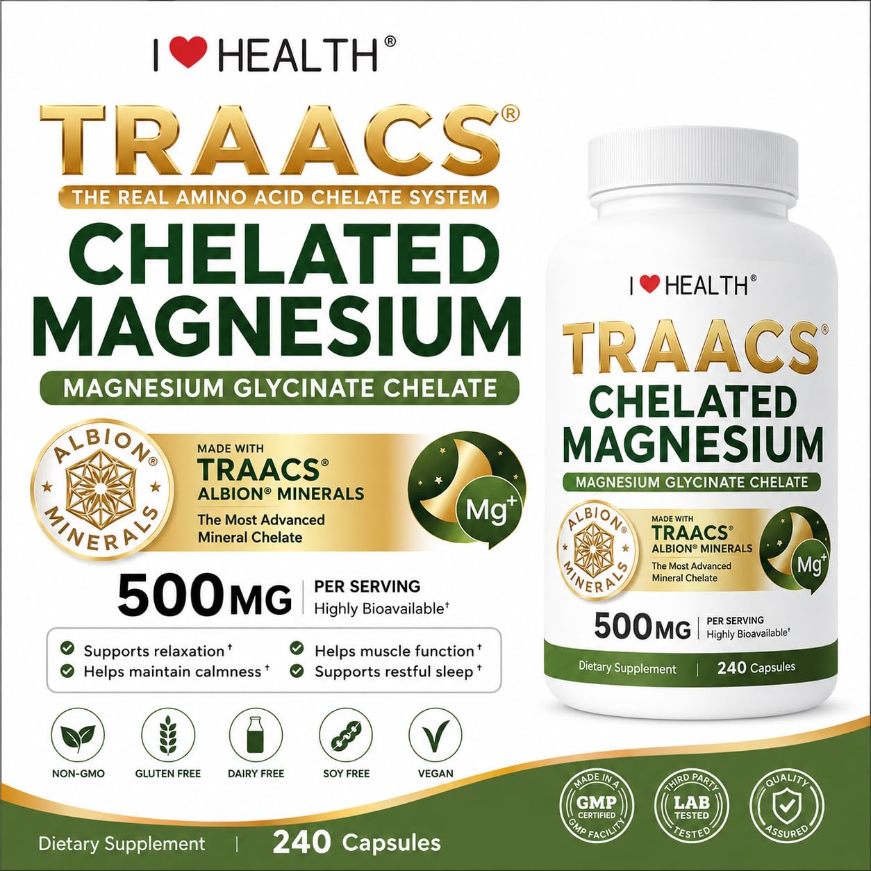 I LOVE HEALTH Magnesium Glycinate 500mg Chelated Magnesium Supplement, Capsule, 60 Capsules