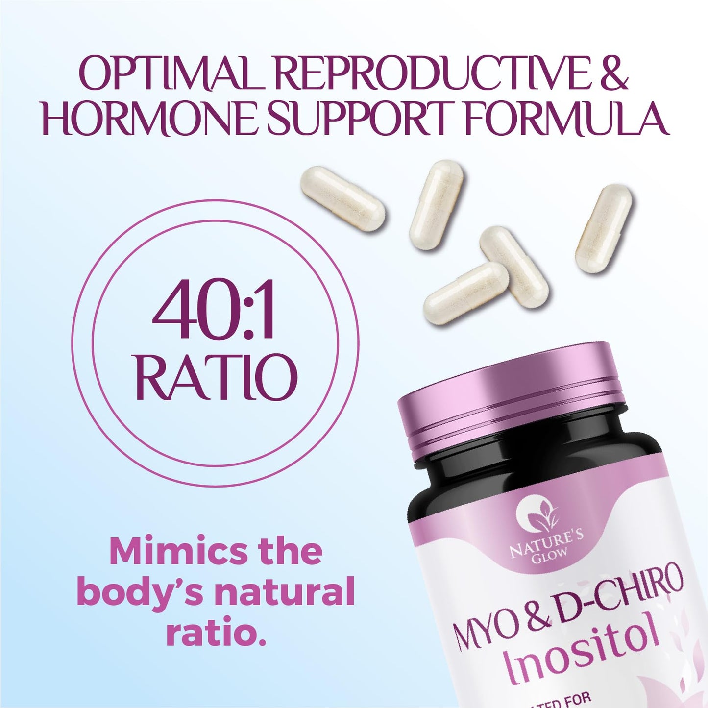 Nature's Glow Myo-Inositol & D-Chiro Inositol 1025mg - 40:1 Ideal Ratio for Ovarian Support, Vegan Myo & D-Chiro Inositol Supplement for Women's Natural Balance and Hormone Support, Vitamin B8, Non-GMO, 60 Capsules