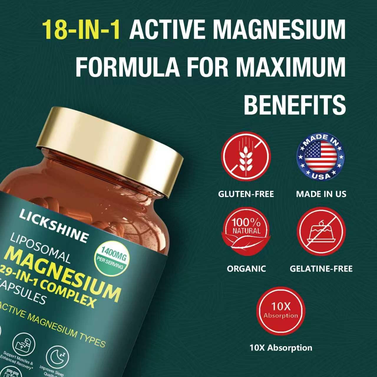 Lickshine 29 in 1 1400mg Liposomal Magnesium Complex for Women & Men Capsules, 120 Count