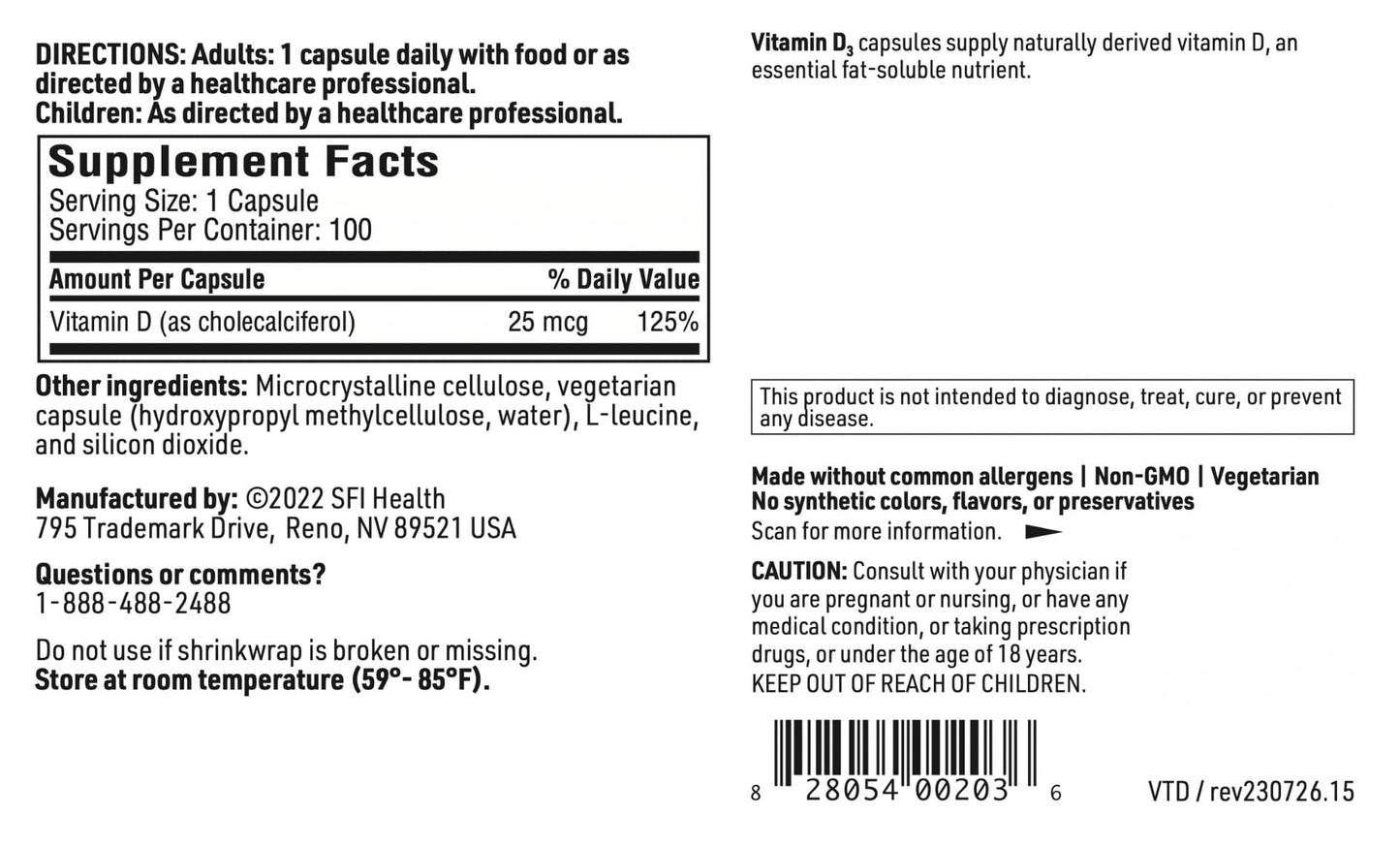 SFI Health Vitamin D3 1000 IU High Potency 25 mcg Hypoallergenic Bone & Immune Support, 100 Capsules