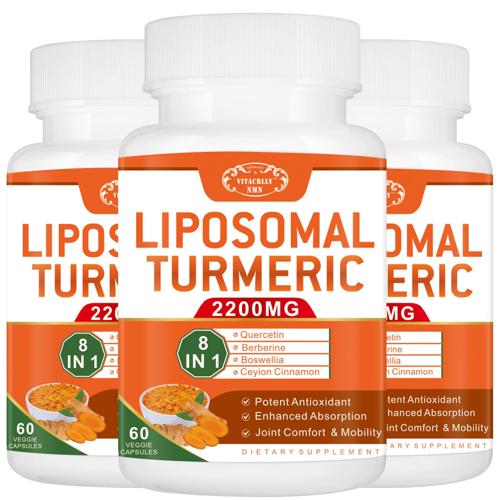 VITACRLLYNMN 2200mg Liposomal Turmeric Curcumin Supplement 95% Curcumin Extract for Joint Support Capsule 180