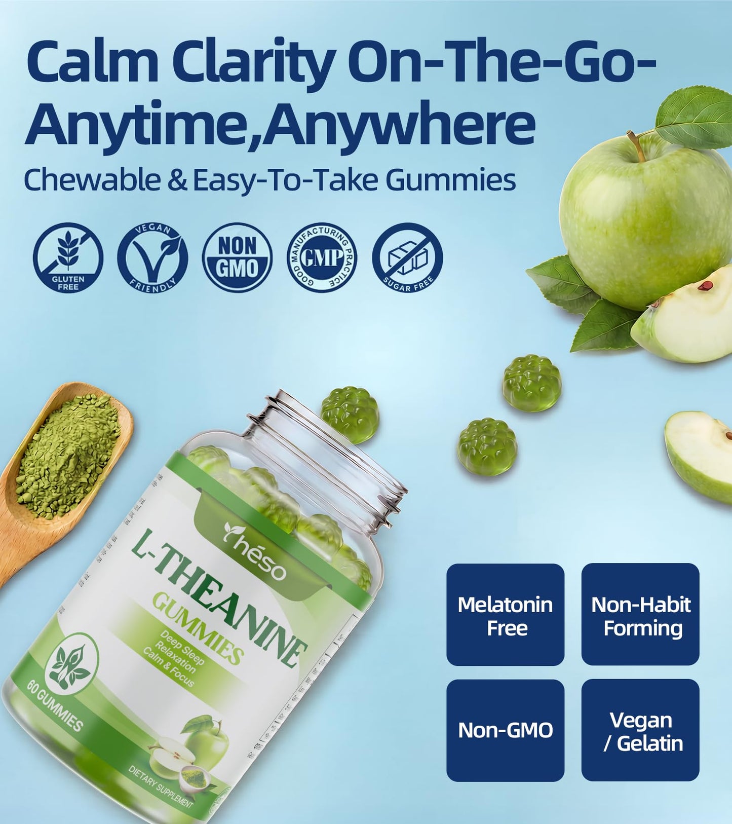 Yheso L-Theanine Gummies 400mg, Green Apple, 120 Count
