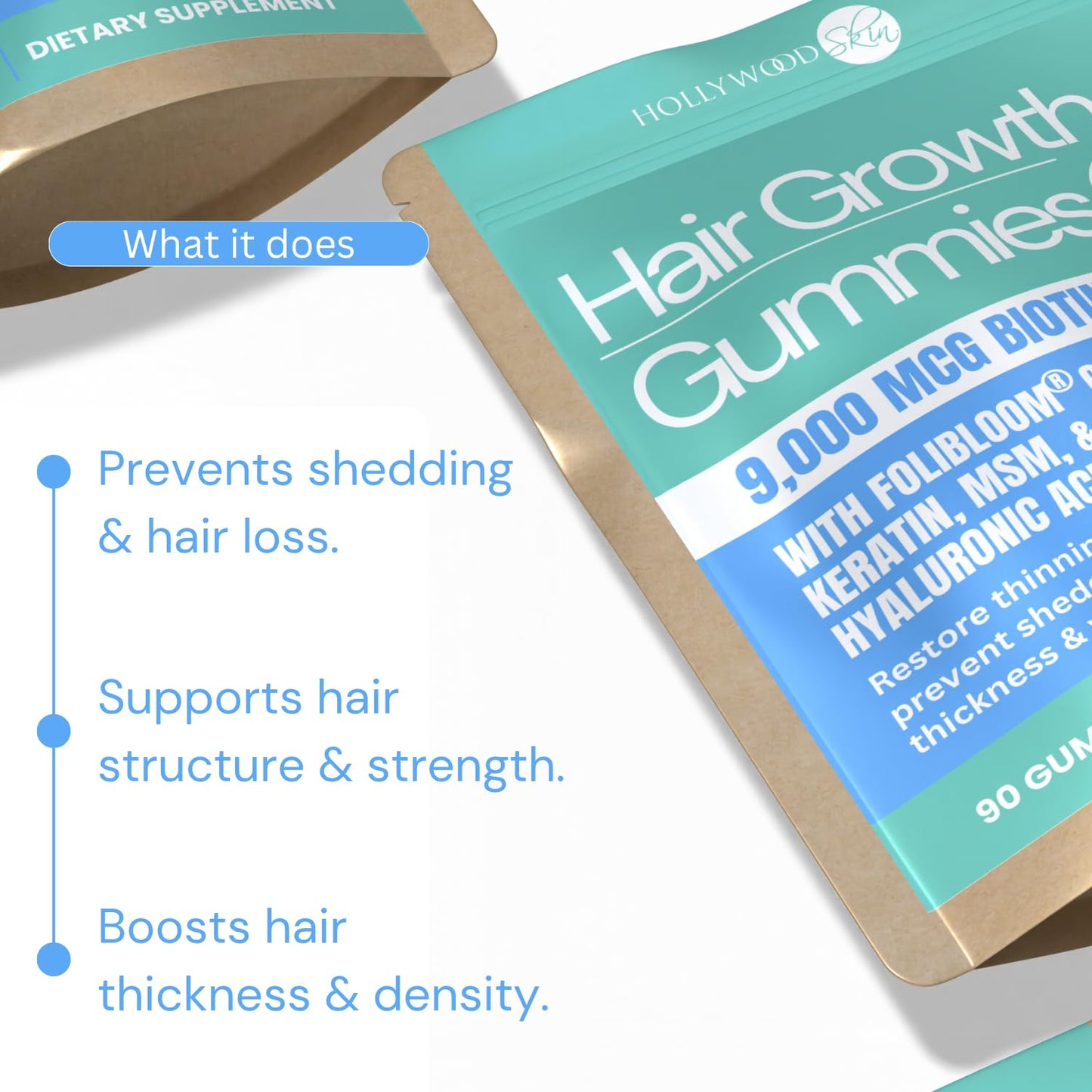Hollywoodskin 5X Stronger Hair Growth Gummies – 9,000mcg Biotin, 250mg Keratin + 500mg MSM for Thicker, Longer, Healthier Hair – Clinically Proven Formula, 90 Gummies