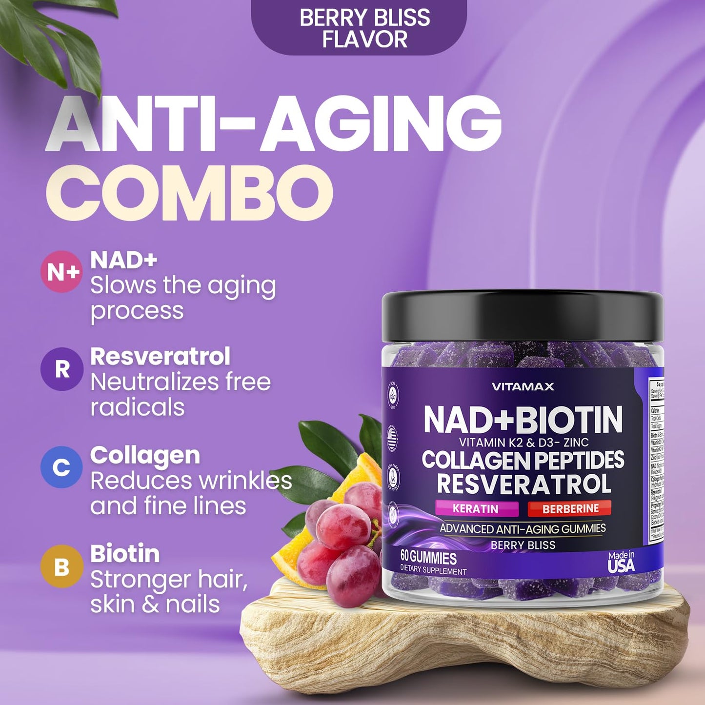 Vitamax NAD+, Resveratrol, Berberine, & Biotin Anti-Aging Gummy - Hair, Skin, Nails & Joint Supplement - Collagen Peptides, Keratin, Zinc, Vitamin K2 & D3 Gummies - Regeneration - Non-GMO - Made in USA - 60 Count