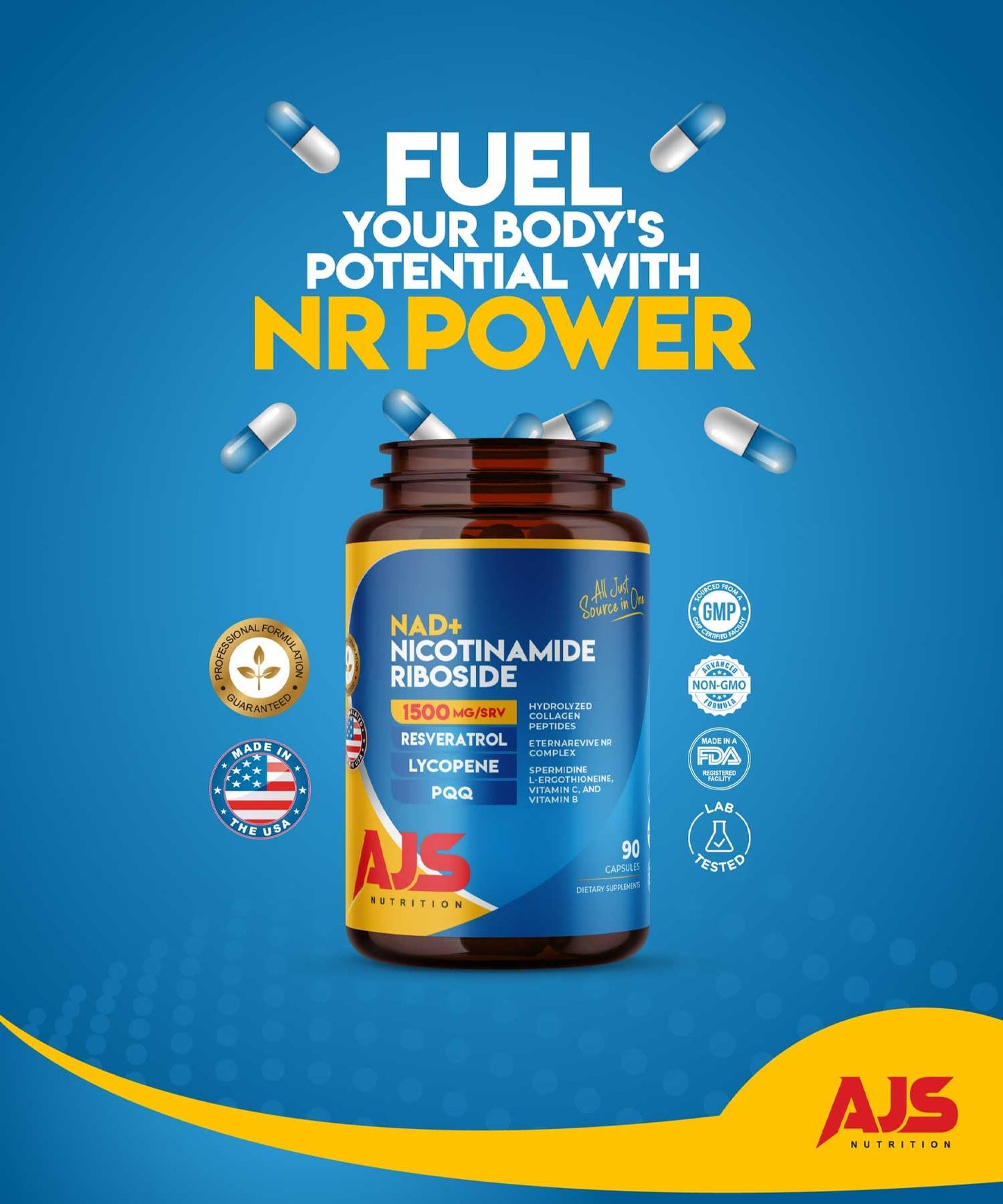 AJS Nutrition NAD+ Cellular Energy NR Supplement with PQQ, Resveratrol, Lycopene, Spermidine, L-Ergothioneine, and Collagen Peptides, 90 Capsules