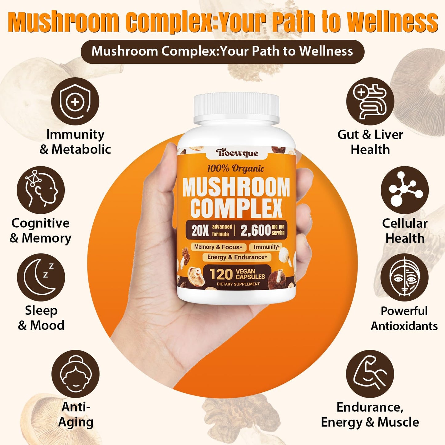 Tioewque 20 in 1 Mushroom Complex Brain Support Capsules, 360 Count
