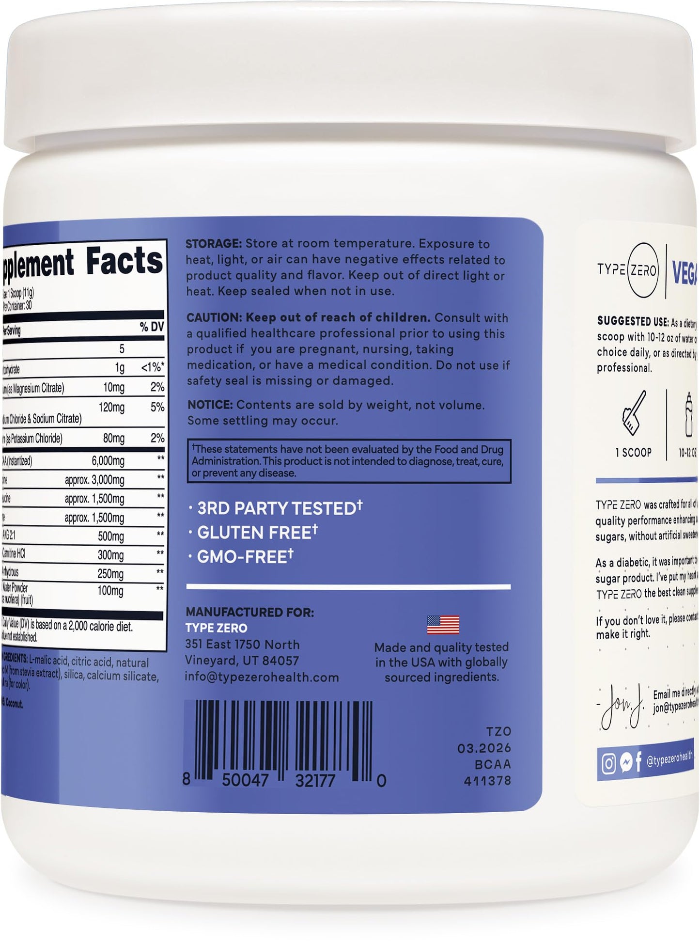 Type Zero Ultra Clean Vegan BCAA Powder + Electrolytes (Blue Raspberry) 11.9 Ounce