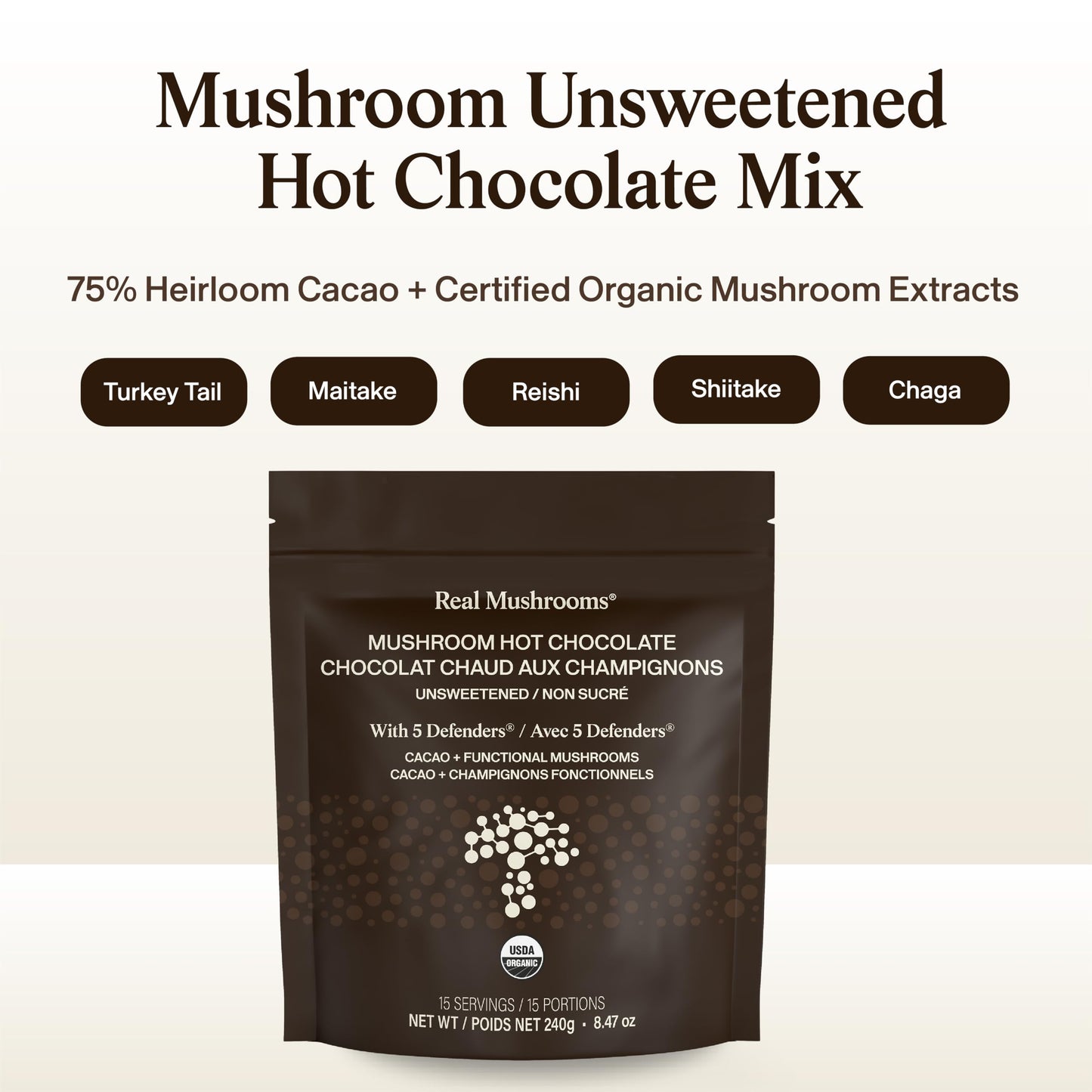 Real Mushrooms Organic Unsweetened Hot Chocolate Mix Powder 8.46 Ounce